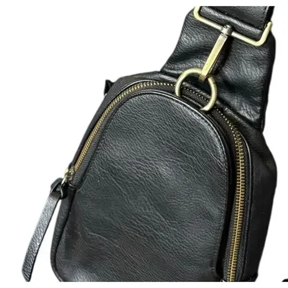 Urban Originals for Anthropologie Black Crossbody Bag Wide Strap, Brass Hardware - Picture 4 of 9